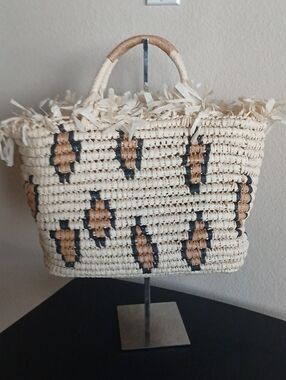 Cato Woven Raffia Tote in Cream with Tan & Black Accents